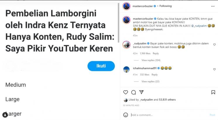 Deddy Corbuzier diprotes Rudy Salim usai kepincut 'Trik' Indra Kenz beli mobil. (Instagram/mastercorbuzier)