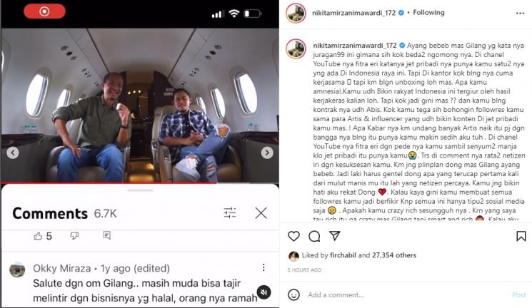 Nikita Mirzani soroti polemik kepemilikan jet pribadi Gilang Juragan 99. (Instagram/nikitamirzanimawardi_172)