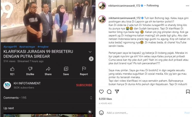 Nikita Mirzani soroti polemik kepemilikan jet pribadi Gilang Juragan 99. (Instagram/nikitamirzanimawardi_172)