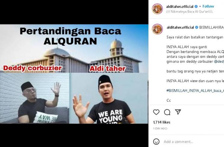 Aldi Taher tantang Deddy Corbuzier tanding baca Al-Quran (instagram)
