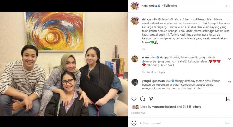Rieta Amilia alias Mama Rieta ibunda Nagita Slavina ulang tahun. (Instagram/rieta_amilia)