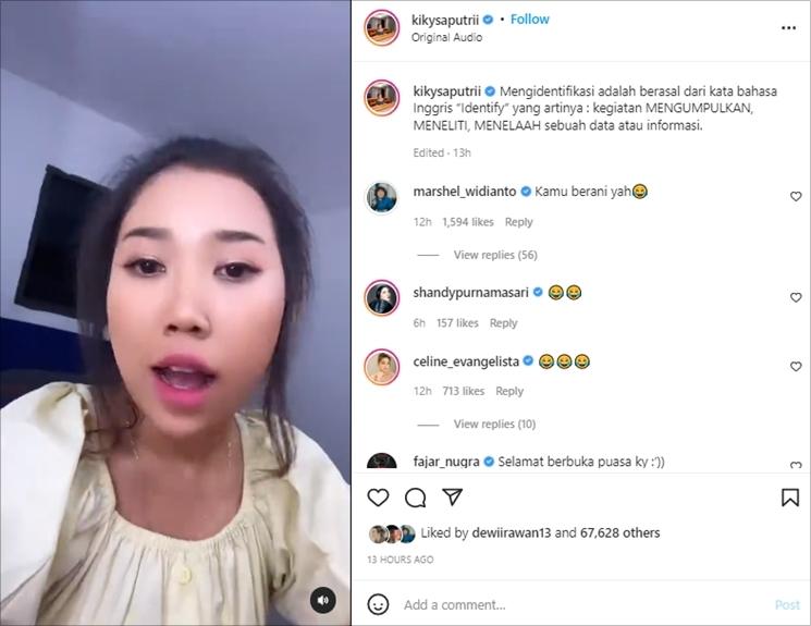 Kiky Saputri bela Marshel Widianto. (Instagram/@kikysaputrii)