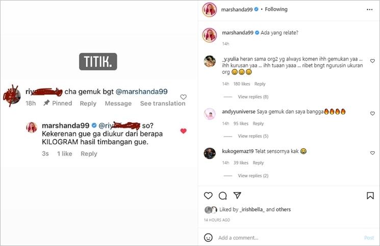 Marshanda balas netizen yang mengejeknya gemuk. (Instagram/@marshanda99)