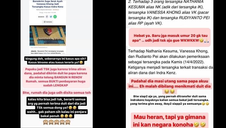 Vanessa Khong buka suara usai ditetapkan jadi tersangka kasus Indra Kenz. (Instagram/@vanessakhongg)
