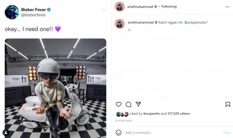 Arief Muhammad mau kasih vespa buat Justin Bieber. (Instagram/ariefmuhammad)