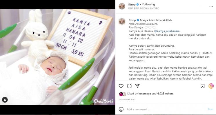 Fitri Tropica melahirkan anak kedua. (Instagram/fitrop)