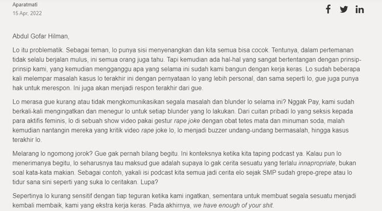 Surat terbuka arian Seringai untuk Gofar Hilman. (silangselimpat.com)