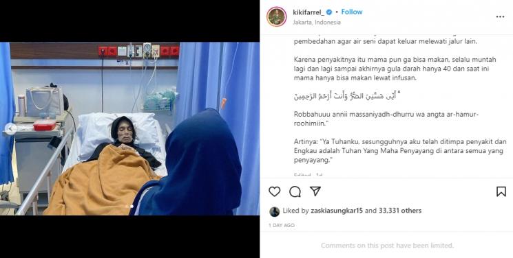 Kiki Farrel ungkap kondisi ibunda. (Instagram/kikifarrel_)