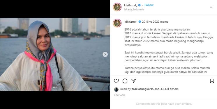 Kiki Farrel ungkap kondisi ibunda. (Instagram/kikifarrel_)