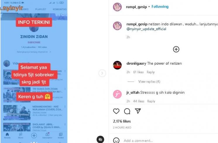 Subscriber Zinidin Zidan turun drastis (instagram)