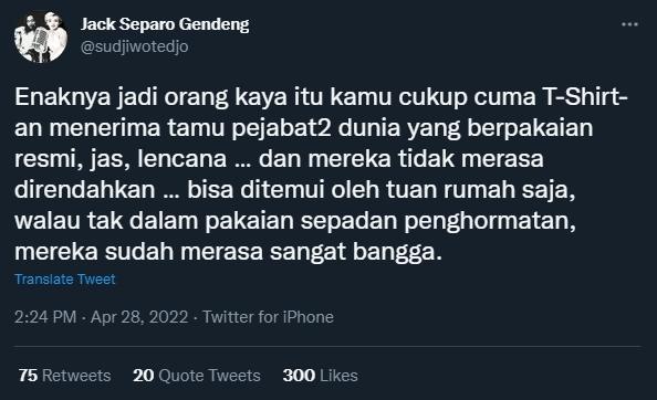 Cuitan Sujiwo Tejo soal Elon Musk ketemu Luhut. (Twitter)