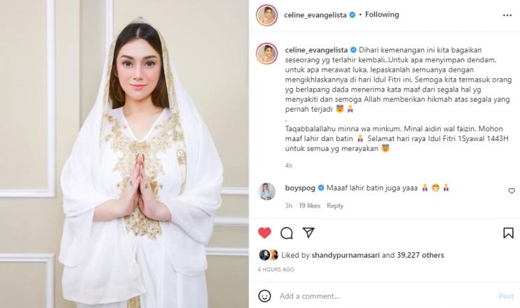 Celine Evangelista berhijab rayakan lebaran. (Instagram/celine_evangelista)