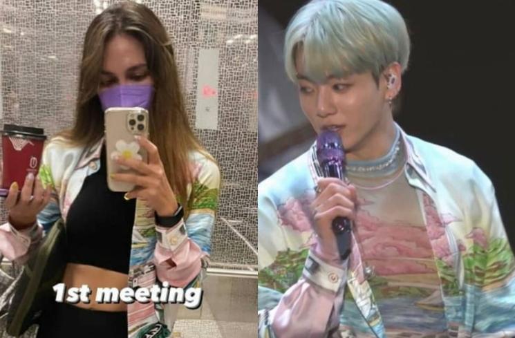 Momen Luna Maya Kembaran Baju dengan Artis Korea. (Insgatram/lunamaya dan Twitter/bangtan_style07)