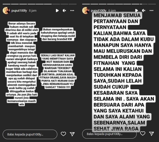 Puput tuding Doddy Sudrajat pakai uang asuransi Vanessa Angel untuk foya-foya. (Instagram/@puput100ly)