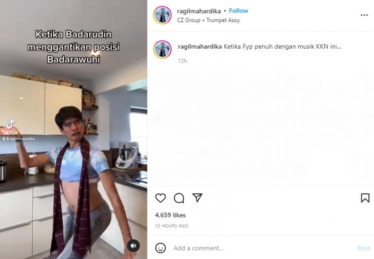Ragil Mahardika parodikan tarian Badarawuhi KKN di Desa Penari. (Instagram/ragilmahardika)