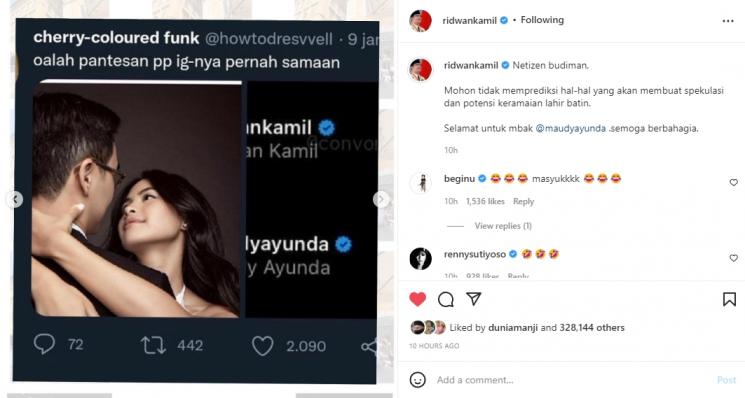 Ridwan Kamil dikira menikah lagi dan jadi suami Maudy Ayunda. (Instagram/ridwankamil)