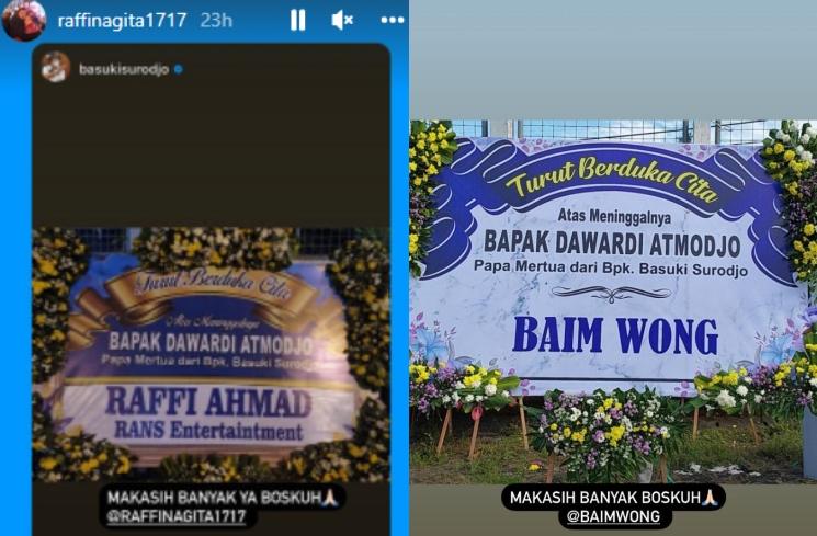 Karangan bunga kiriman Raffi Ahmad untuk Basuki Surodjo. (Instagram)