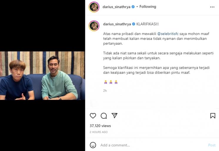 Darius Sinathrya klarifikasi. (Instagram/darius_sinathrya)