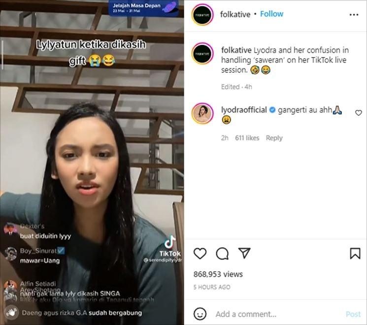 Lyodra bingung dapat saweran saat live TikTok. (Instagram/@folkative)