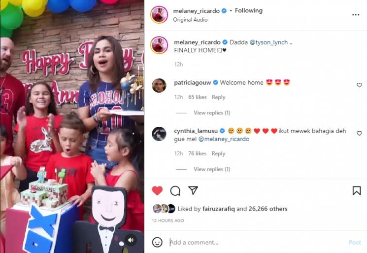 Melaney Ricardo bahagia menyambut kepulangan Tyson Lynch. (Instagram/melaney_ricardo)