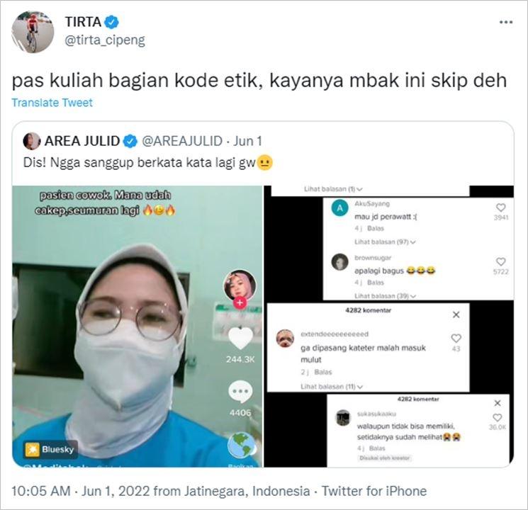Dokter Tirta komentari perawat wanita yang viral. (Twitter/@tirta_cipeng)