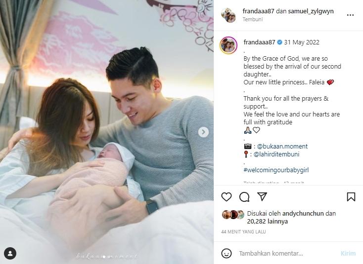 Franda dan Samuel Zylgwyn dikaruniai anak kedua. (Instagram/frandaaa87)