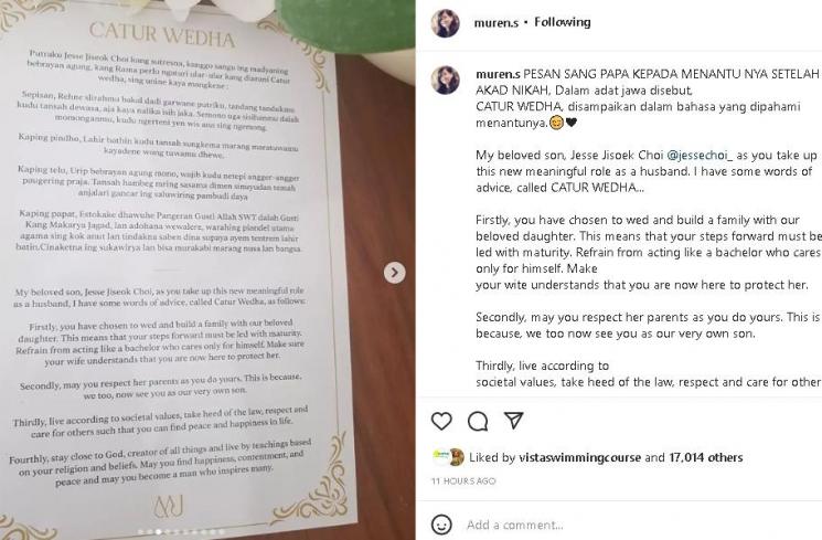 Catur Wedha dari Ayah Maudy Ayunda untuk Jesse Choi (instagram/@muren.s)