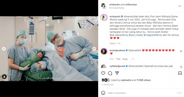 Eriska Rein dan Mithu Nisar dikaruniai anak kedua. (Instagram/eriskarein)