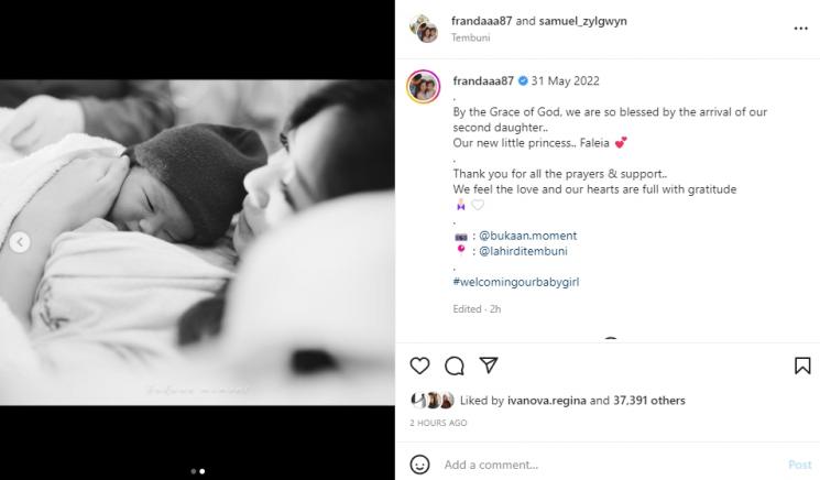 Franda dan Samuel Zylgwyn dikaruniai anak kedua. (Instagram/frandaaa87)