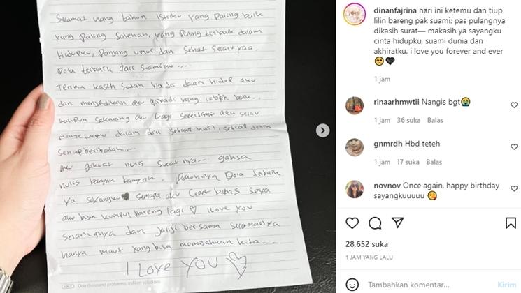 Surat Doni Salmanan untuk istri. (Instagram/@dinanfajrina)