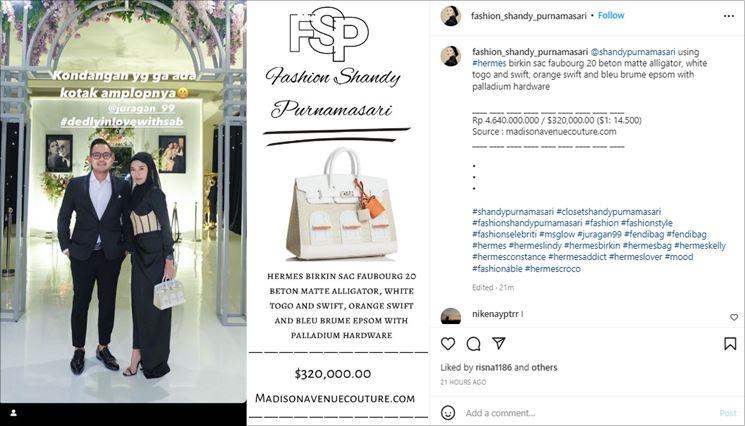 Harga tas mewah Shandy Purnamasari saat kondangan ke nikahan Deddy Corbuzier. (Instagram/@fashion_shandy_purnamasari)