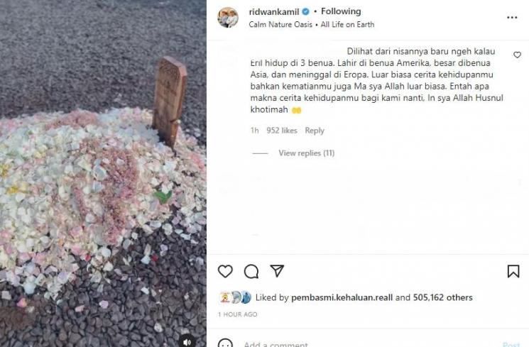 Ridwan Kamil ungkap keindahan makam Eril. (Instagram/ridwankamil)