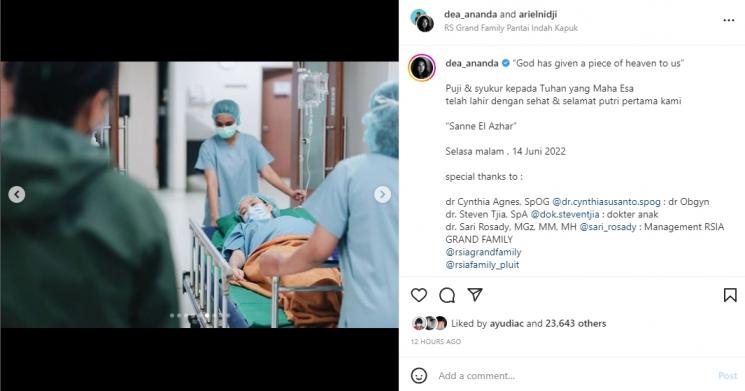 Dea Ananda melahirkan anak pertama. (Instagram/dea_ananda)