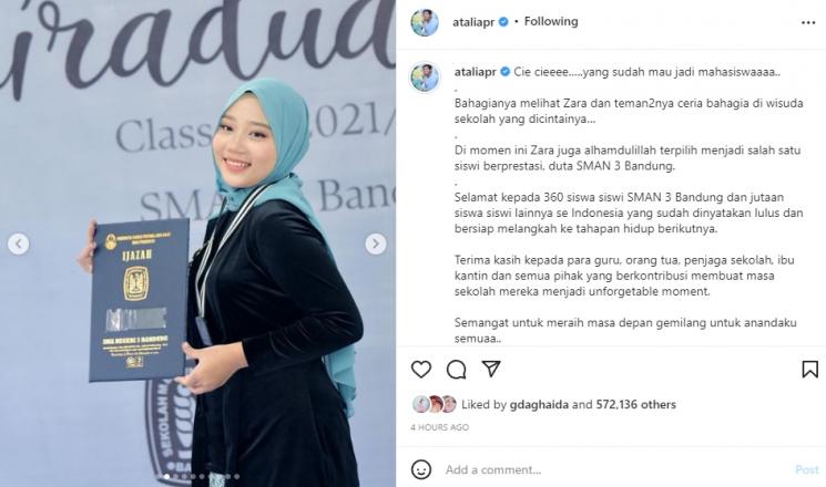 Zara anak Ridwan Kamil dan Atalia Praratya lulus SMA. (Instagram/ataliapr)