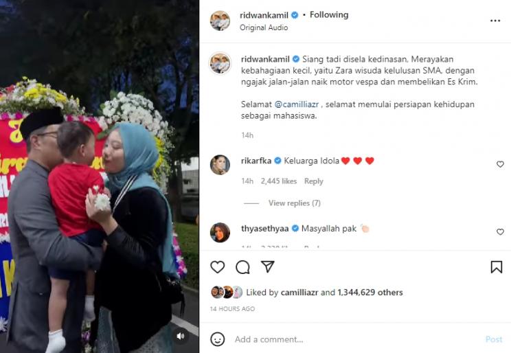 Zara anak Ridwan Kamil dan Atalia Praratya lulus SMA. (Instagram/ridwankamil)