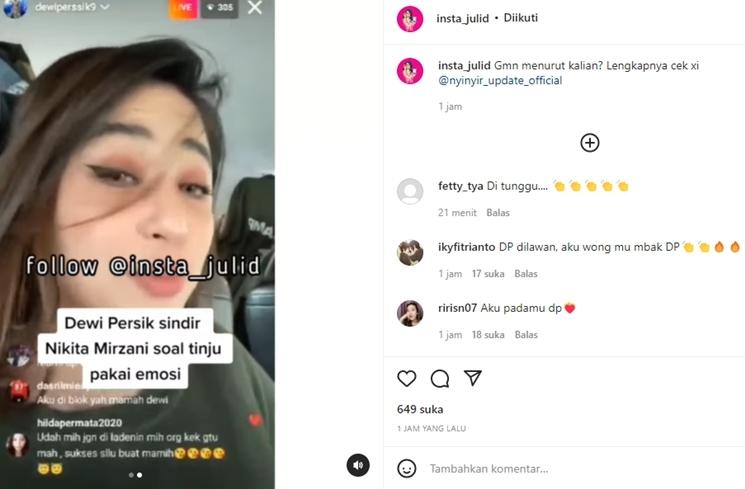 Dewi Perssik balik sindir Nikita Mirzani. (Instagram/@insta_julid)