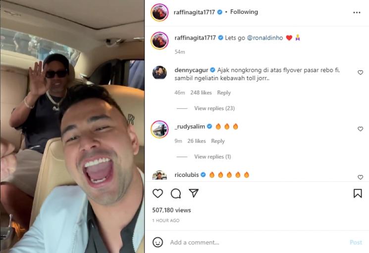 Raffi Ahmad jemput Ronaldinho. (Instagram/raffinagita1717)