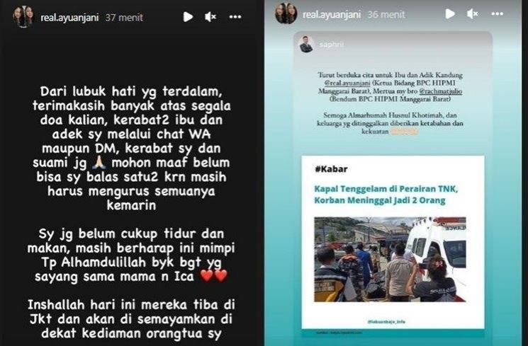 Ayu Anjani berduka ibu dan adik jadi korban kapal tenggelam. (Instagram/@real.ayuanjani)