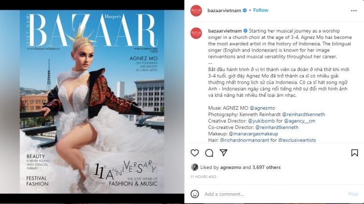 Agnez Mo Mejeng di Cover Majalah Luar Negeri. (Instagram/bazaarvietnam)