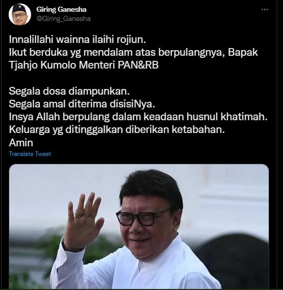Tjahjo Kumolo Meninggal Dunia, Giring dan Raffi Ahmad Berduka. (Twitter)