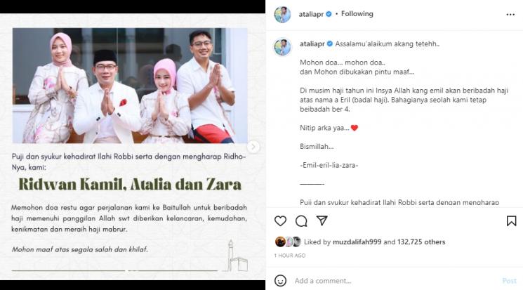 Keluarga Ridwan Kamil ibadah haji. (Instagram/ataliapr)