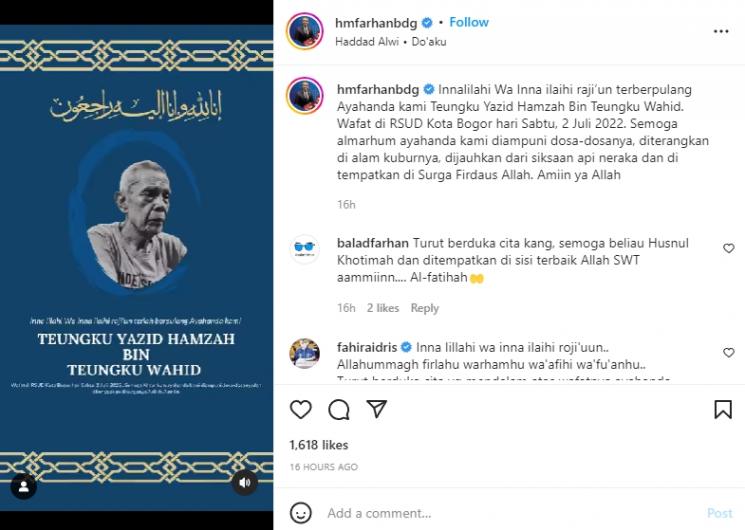 Farhan berduka, ayahnya meninggal dunia. (Instagram/hmfarhanbdg)