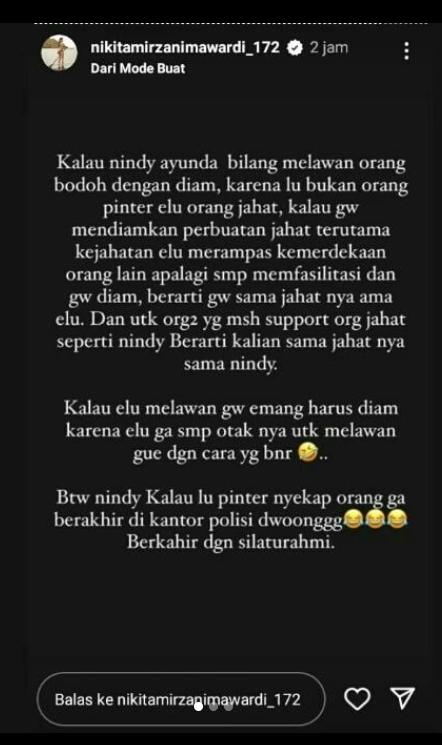 Instastory Nikita Mirzani menyerang Nindy Ayunda (Instagram/@nikitamirzanimawardi_172)