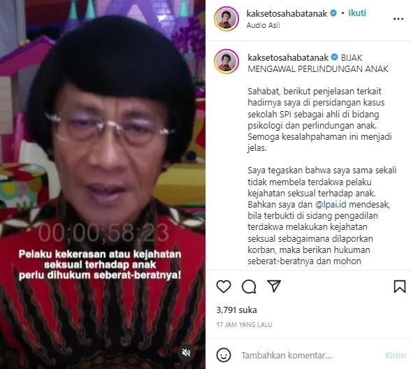 Kak Seto buka suara soal tuduhan membela JE. (Instagram/@kaksetosahabatanak)