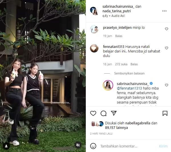 Sabrina Chairunnisa tegur netizen soal Nathalie Holscher. (Instagram/@sabrinachairunnisa_)