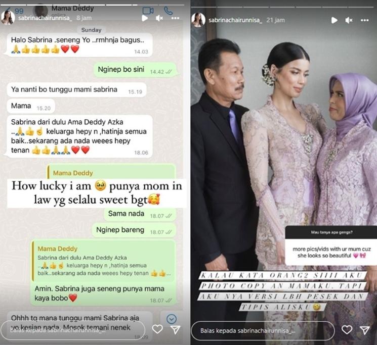 Sabrina Chairunnisa pamer isi chat dari ibunda Deddy Corbuzier. (Instagram/@sabrinachairunnisa_)