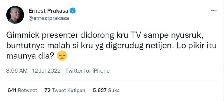 Cuitan Terbaru Ernest Terkait Video Viral Ruben Onsu (Twitter/@ernestprakasa)