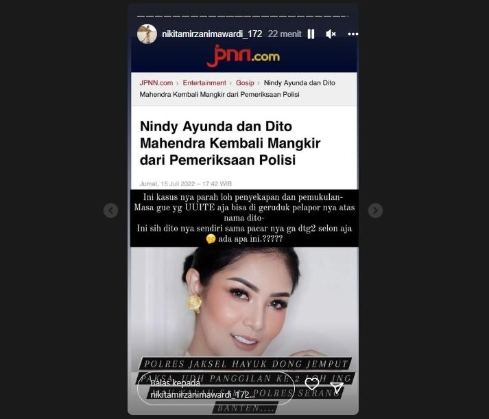 Nikita Mirzani sentil penanganan kasus Nindy Ayunda. (Instagram/@nikitamirzanimawardi_172)
