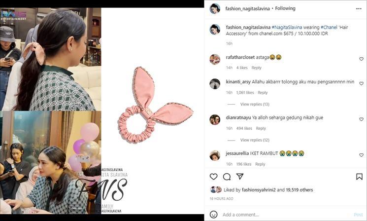 Nagita Slavina pakai ikat rambut Rp10 juta. (Instagram/@fashion_nagitaslavina)