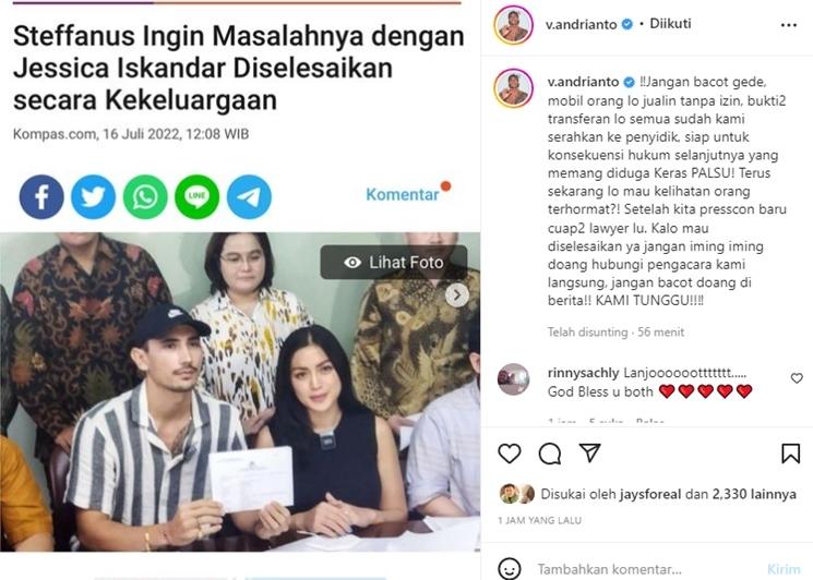 Suami Jessica Iskandar, Vincent Verhaag, tolak upaya kekeluargaan pelaku penipuan. (Instagram/@v.andrianto)